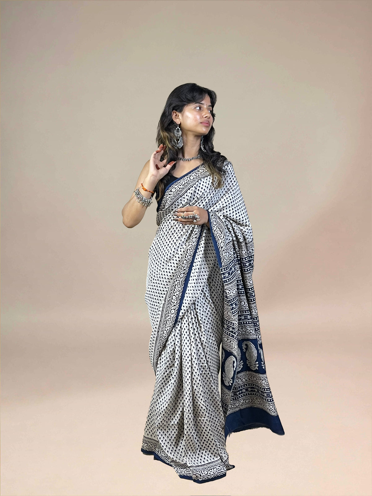 White Fakira Assam Silk Handblock Printed Saree