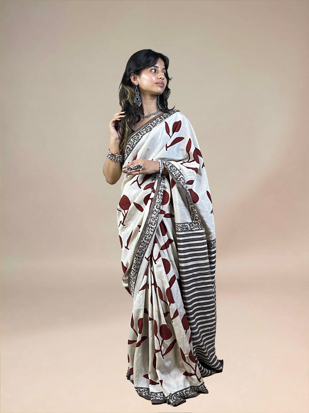 White Fakira Assam Silk Handblock Printed Saree