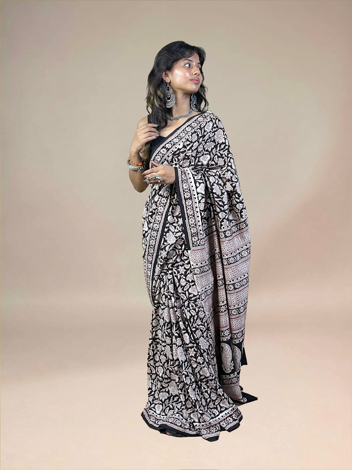 Black Fakira Assam Silk Handblock Printed Saree