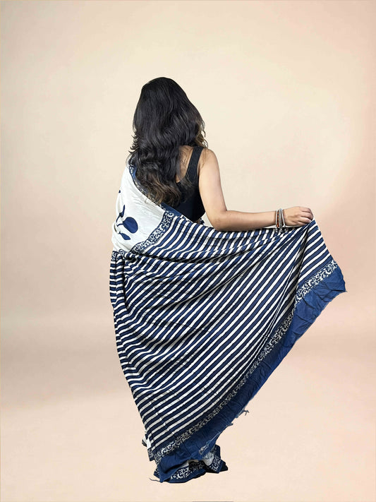 White Fakira Assam Silk Handblock Printed Saree