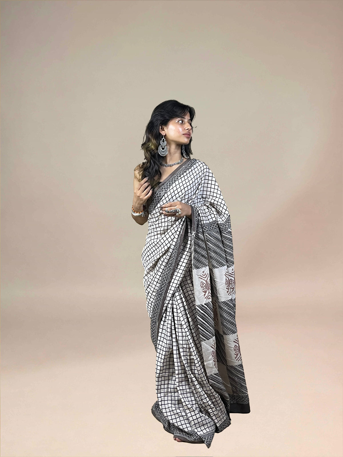 White Fakira Assam Silk Handblock Printed Saree