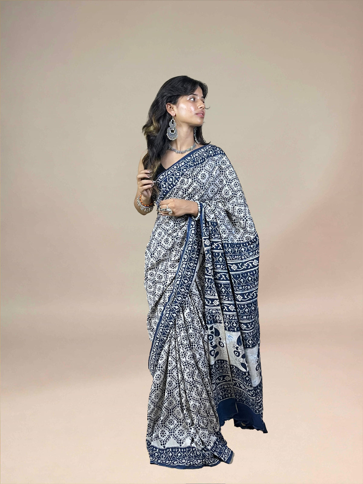 Navy Blue Fakira Assam Silk Handblock Printed Saree