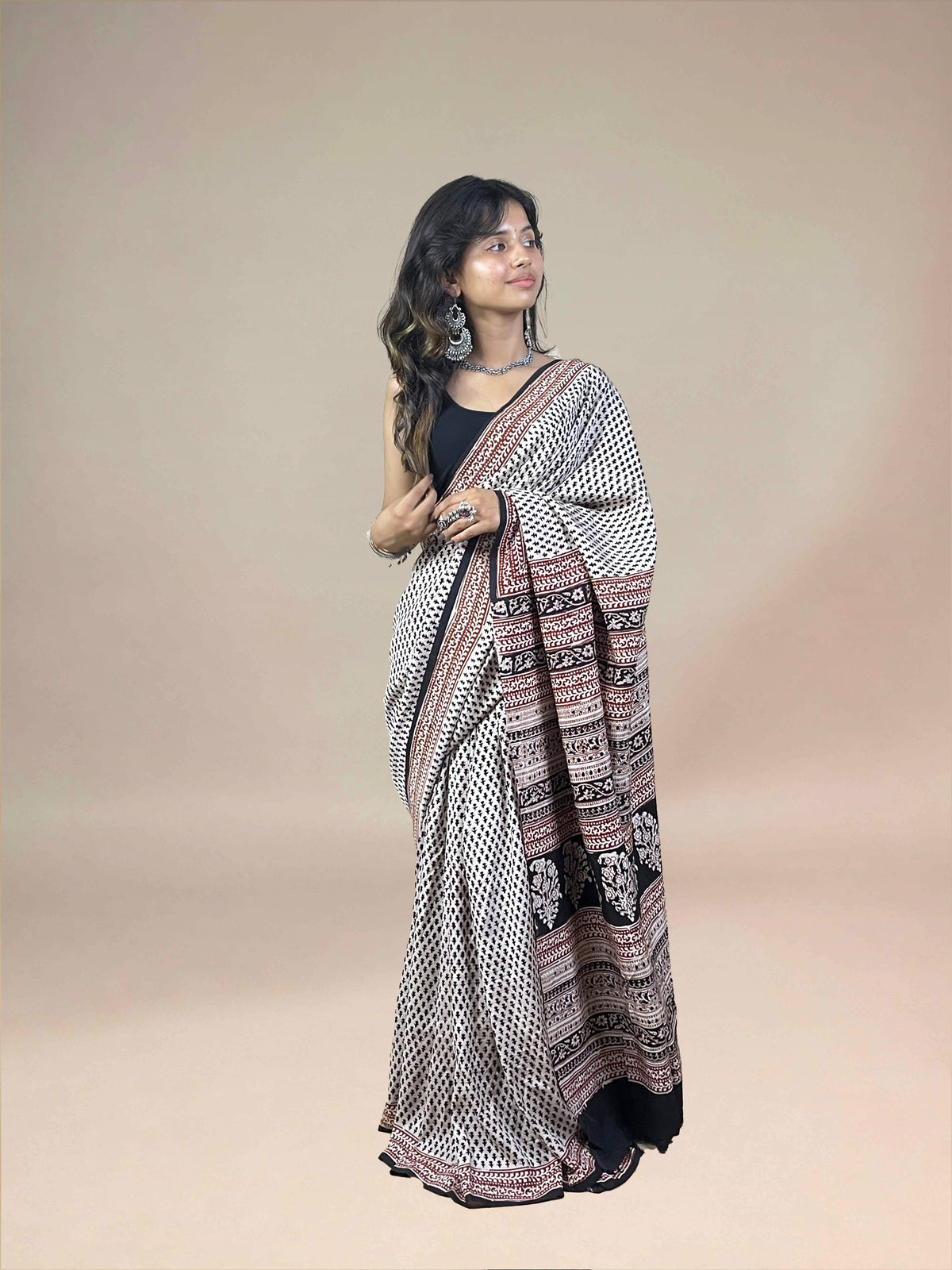 White Fakira Assam Silk Handblock Printed Saree