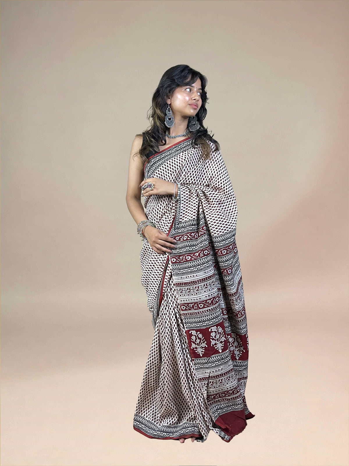 Maroon Fakira Assam Silk Handblock Printed Saree