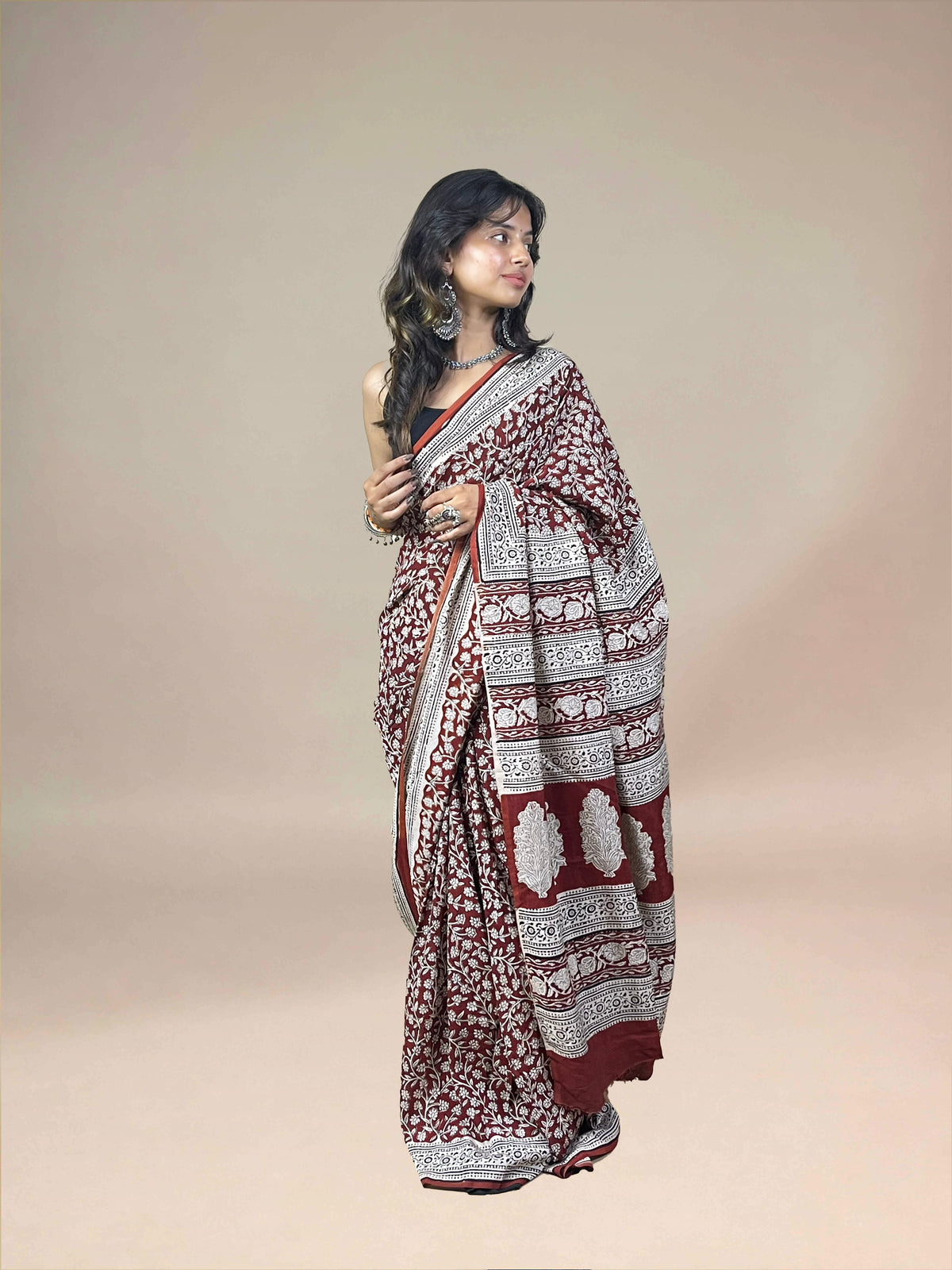 Maroon Fakira Assam Silk Handblock Printed Saree