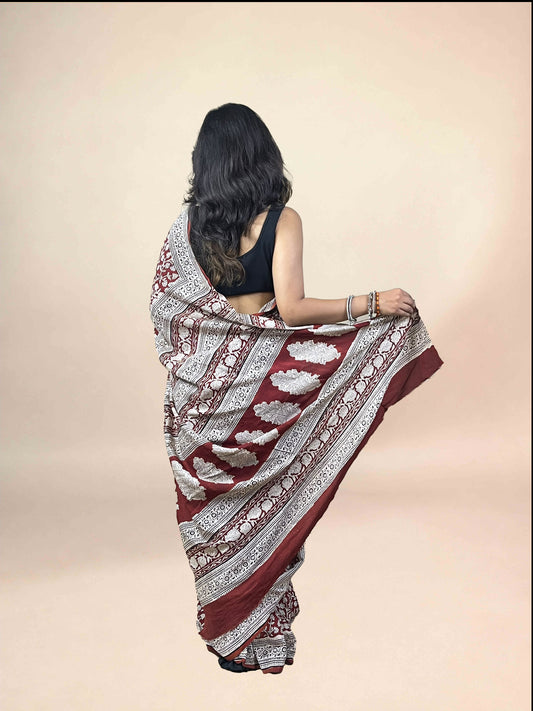 Maroon Fakira Assam Silk Handblock Printed Saree