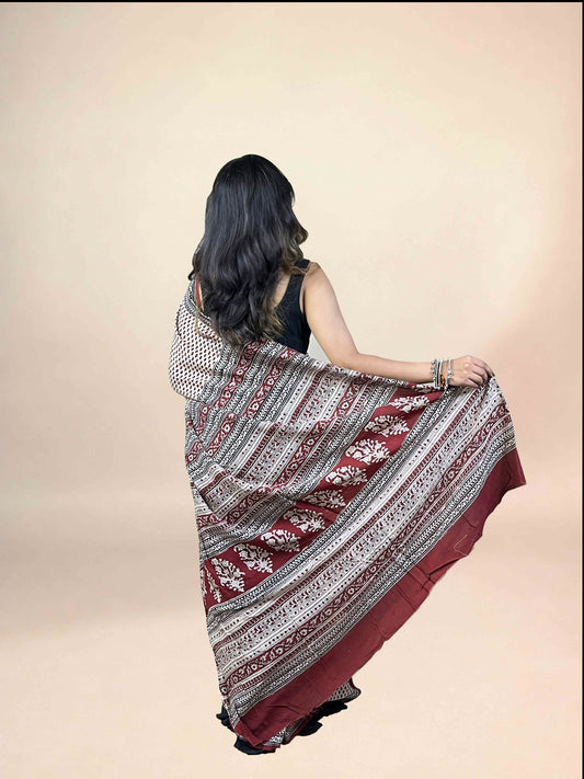 Maroon Fakira Assam Silk Handblock Printed Saree