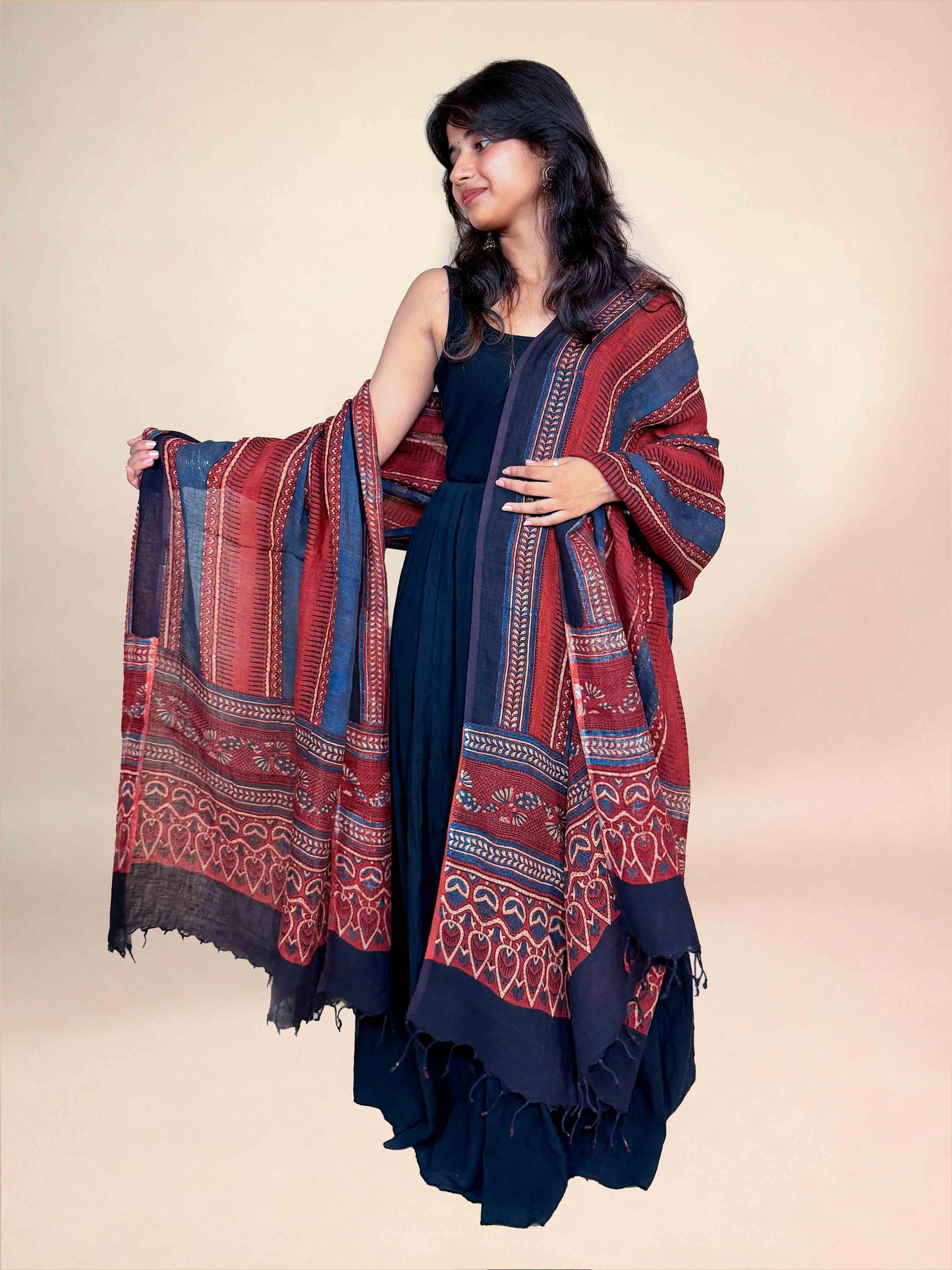 Maroon Ajrakh Linen Handblock Printed Dupatta