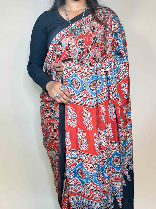 Rust Red Ajrakh Modal Handblock Printed Saree