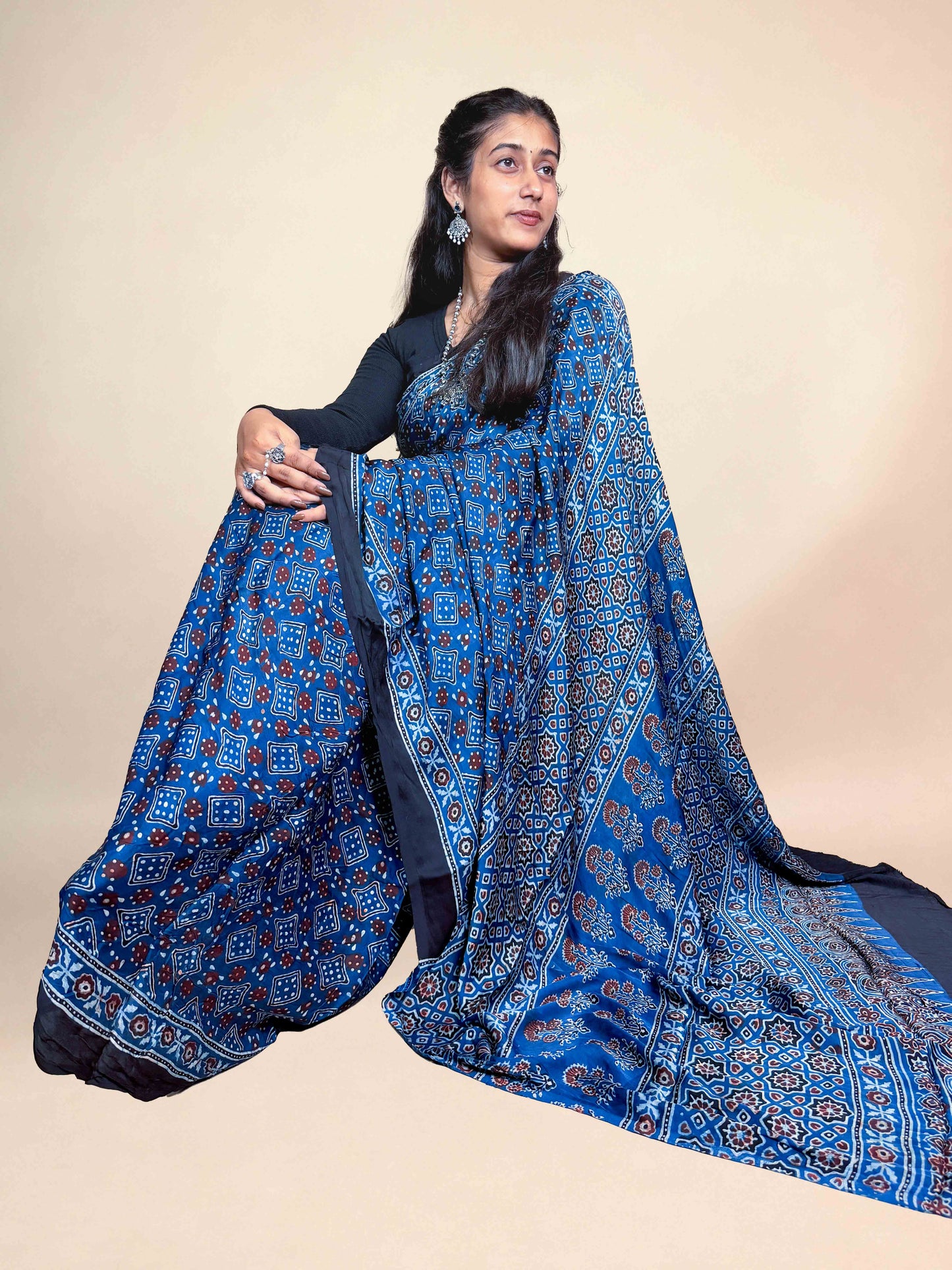 Blue Handblock Printed Ajrakh Modal Saree