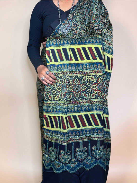 Teal Green Ajrakh Modal Handblock Printed Saree