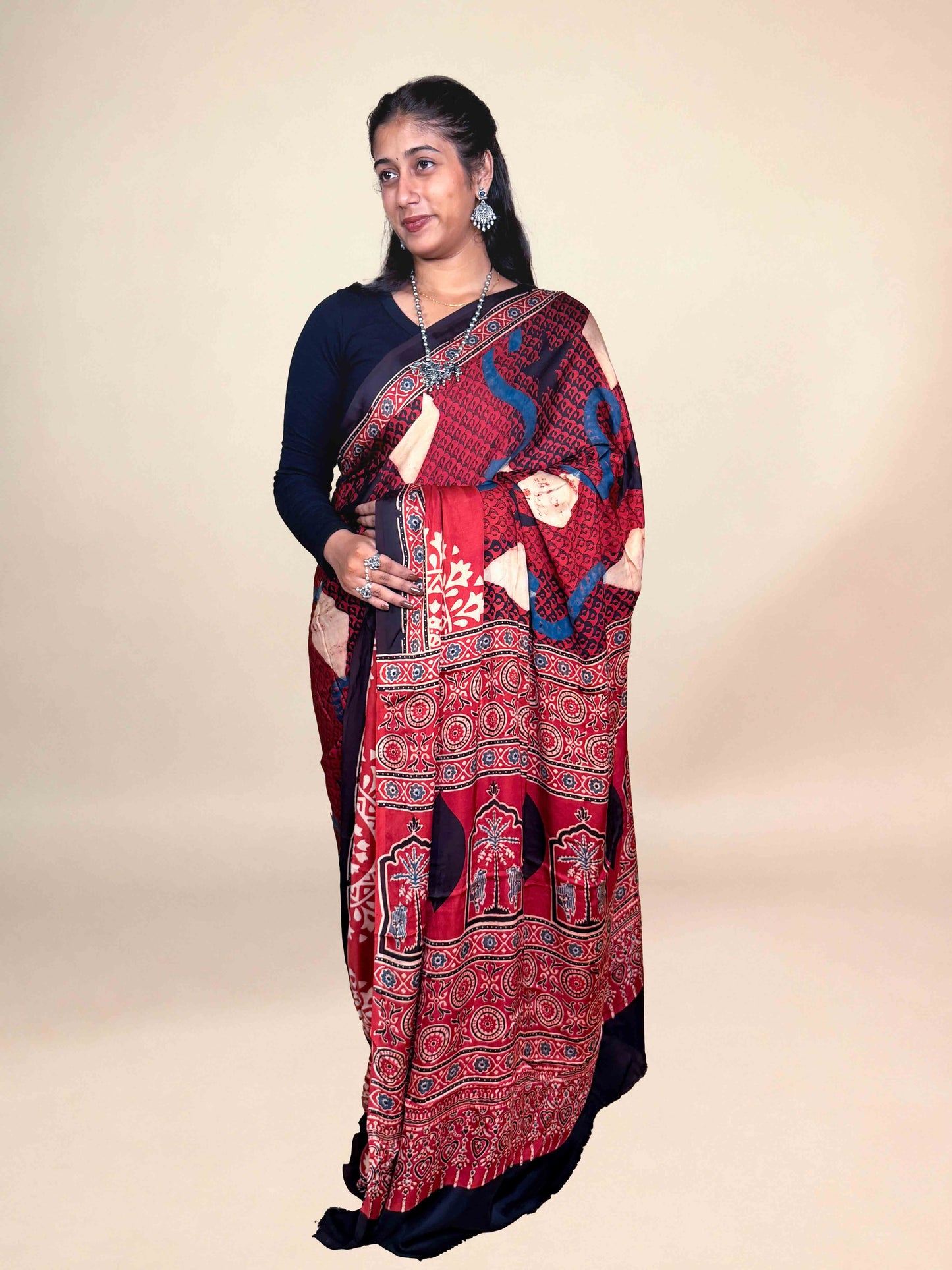 Crimson Ajrakh Modal Handblock Printed Saree