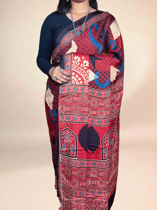Crimson Ajrakh Modal Handblock Printed Saree