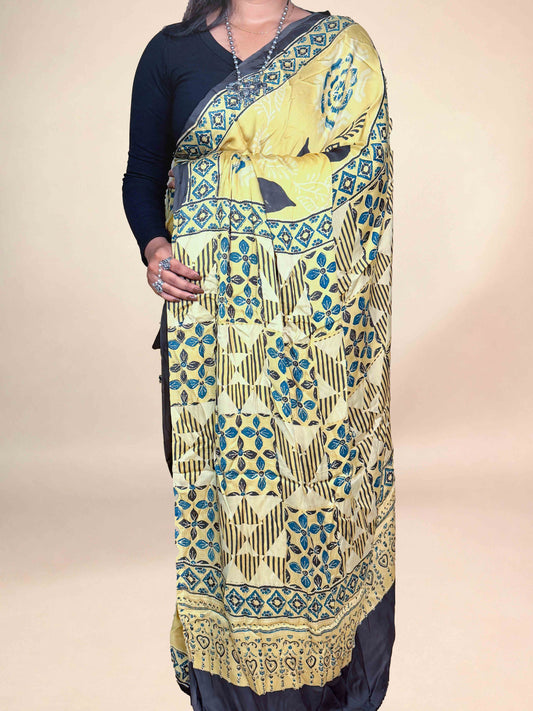 Butter Yellow Ajrakh Modal Handblock Printed Saree