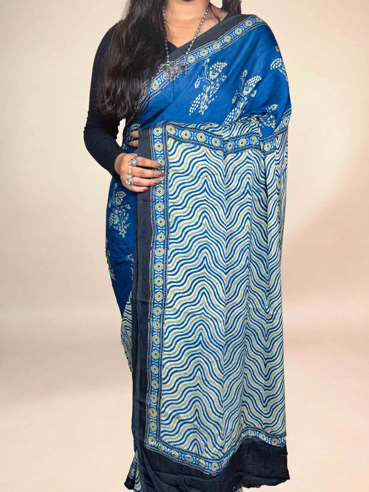 Royal Blue Ajrakh Modal Handblock Printed Saree