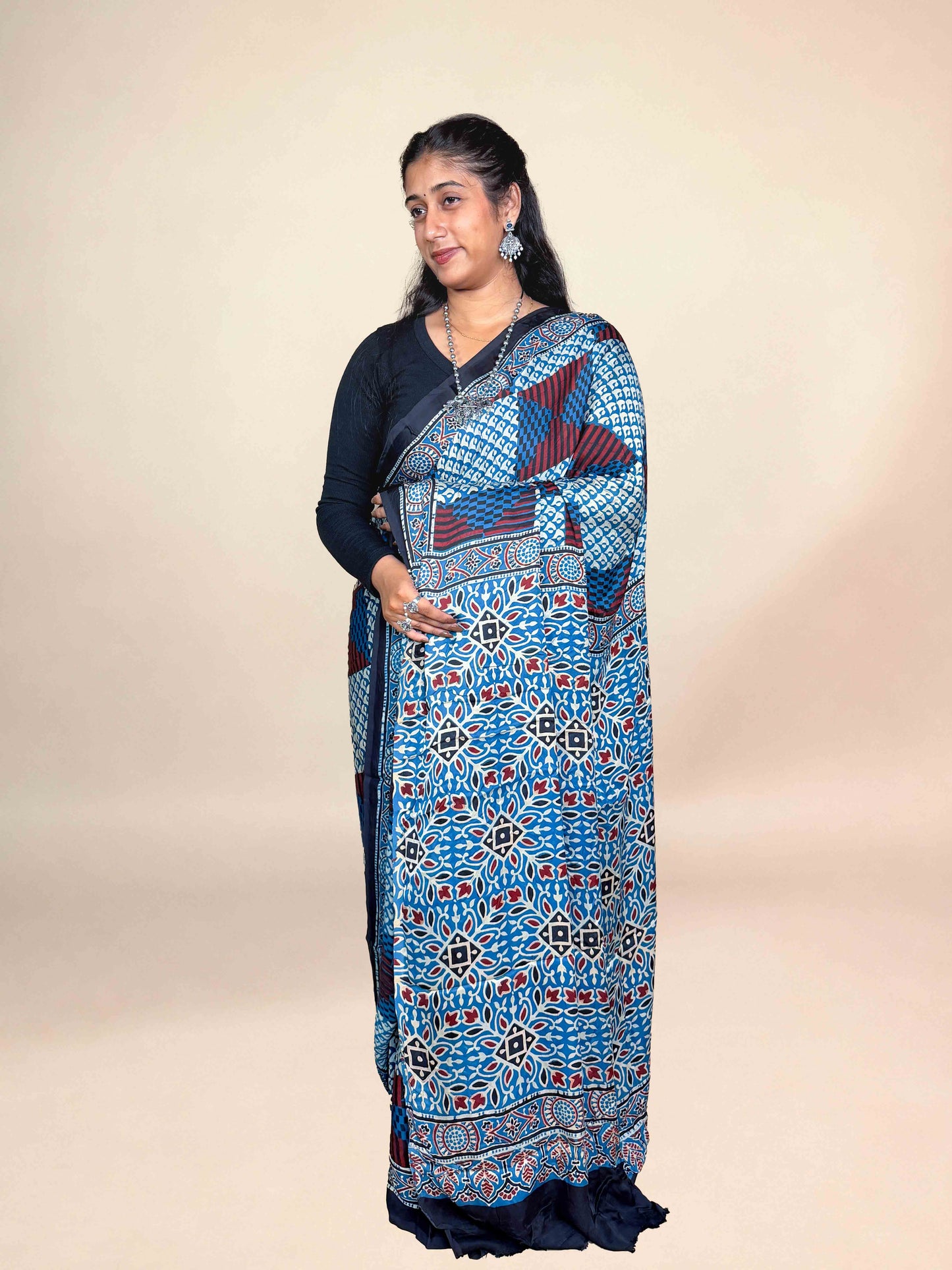 Sky Blue Ajrakh Modal Handblock Printed Saree