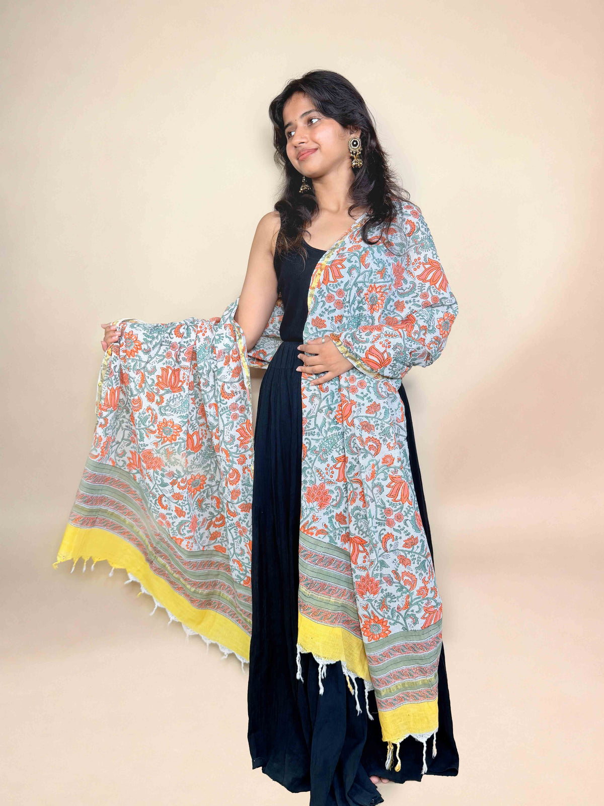 Off White Anokhi Handblock Printed Cotton Dupatta