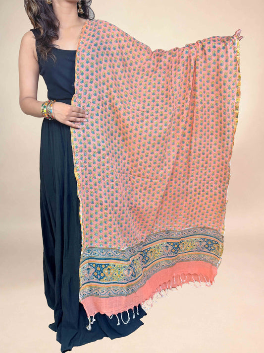 Warm Peach Anokhi Handblock Printed Cotton Dupatta