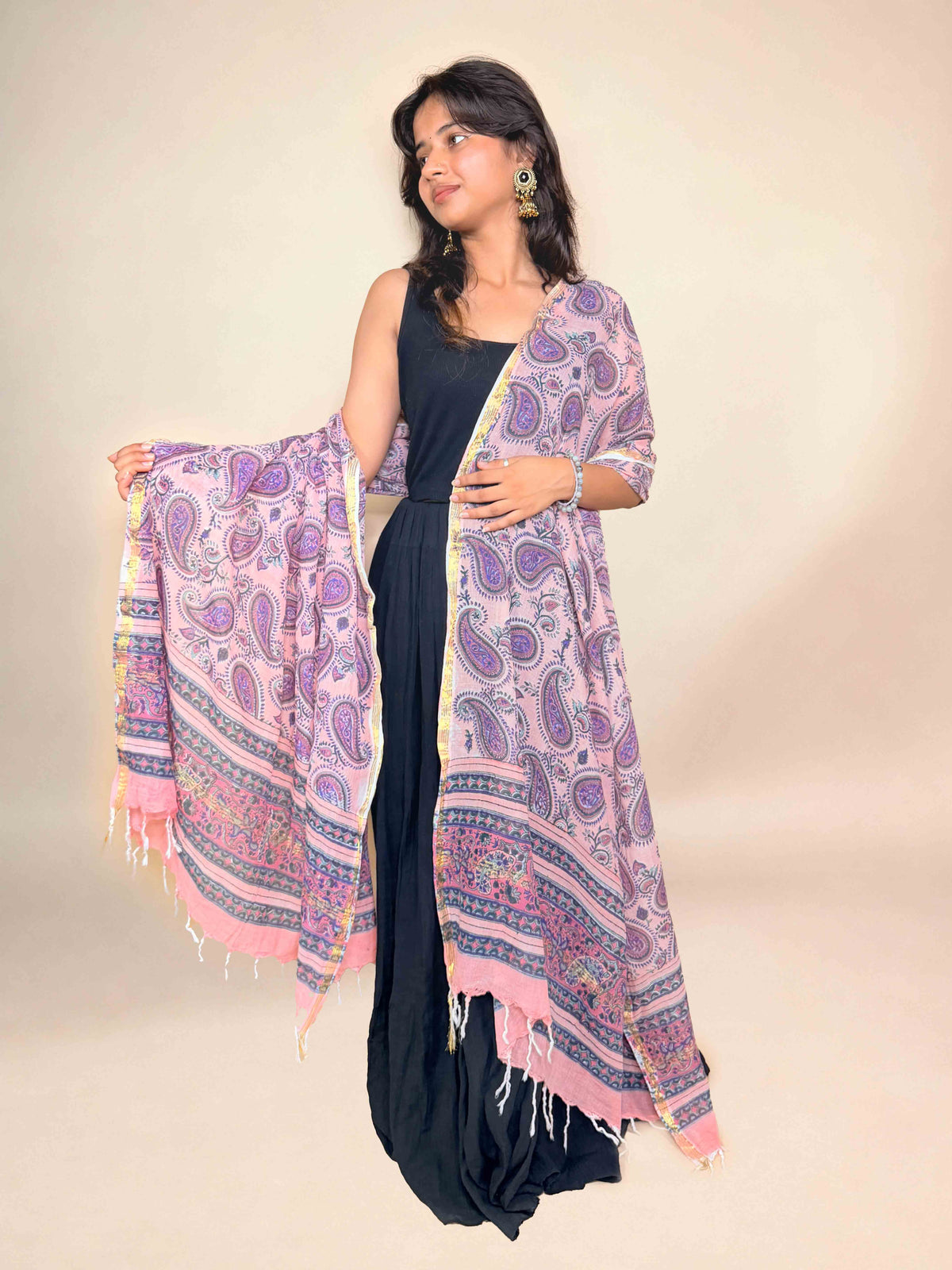 Dusty Blush Pink Anokhi Handblock Printed Cotton Dupatta