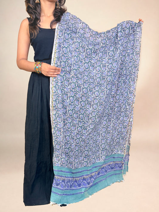 Soft Powder Blue Anokhi Handblock Printed Cotton Dupatta