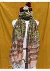 Anokhi Chanderi Handblock Printed Dupatta for Women in Green and Pink Floral Design