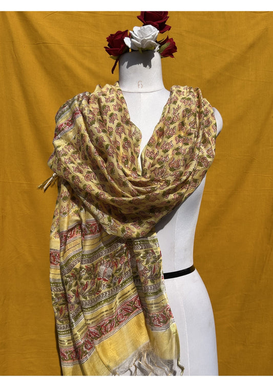Yellow Anokhi Chanderi Dupatta with Traditional Floral Handblock Print