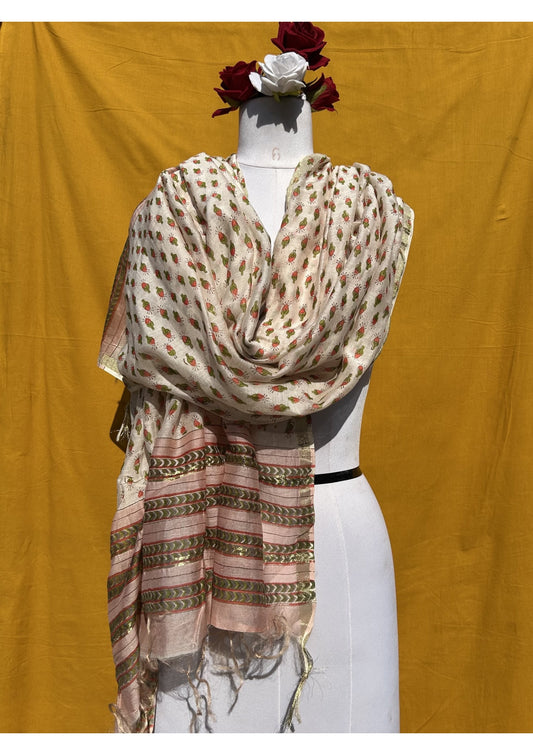 Cream Anokhi Chanderi Dupatta with Traditional Handblock Print