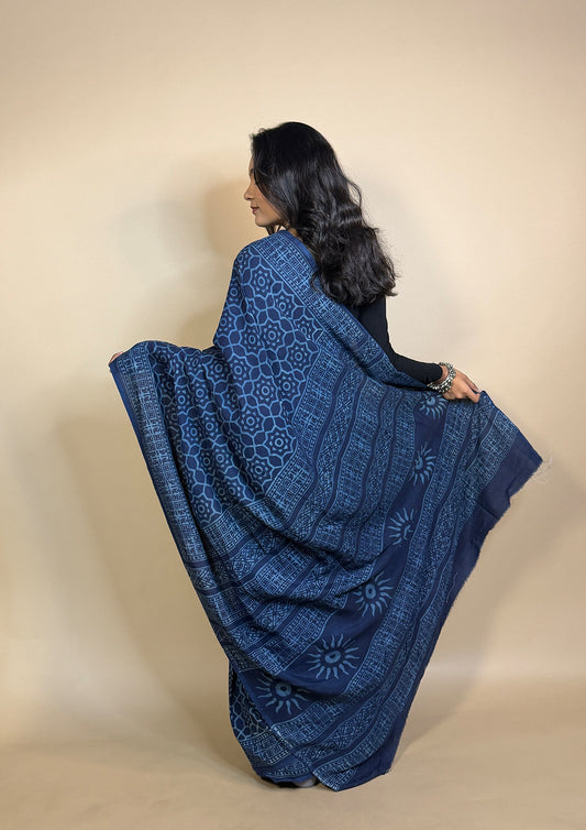 Assam Silk Handblock Printed Saree Blue
