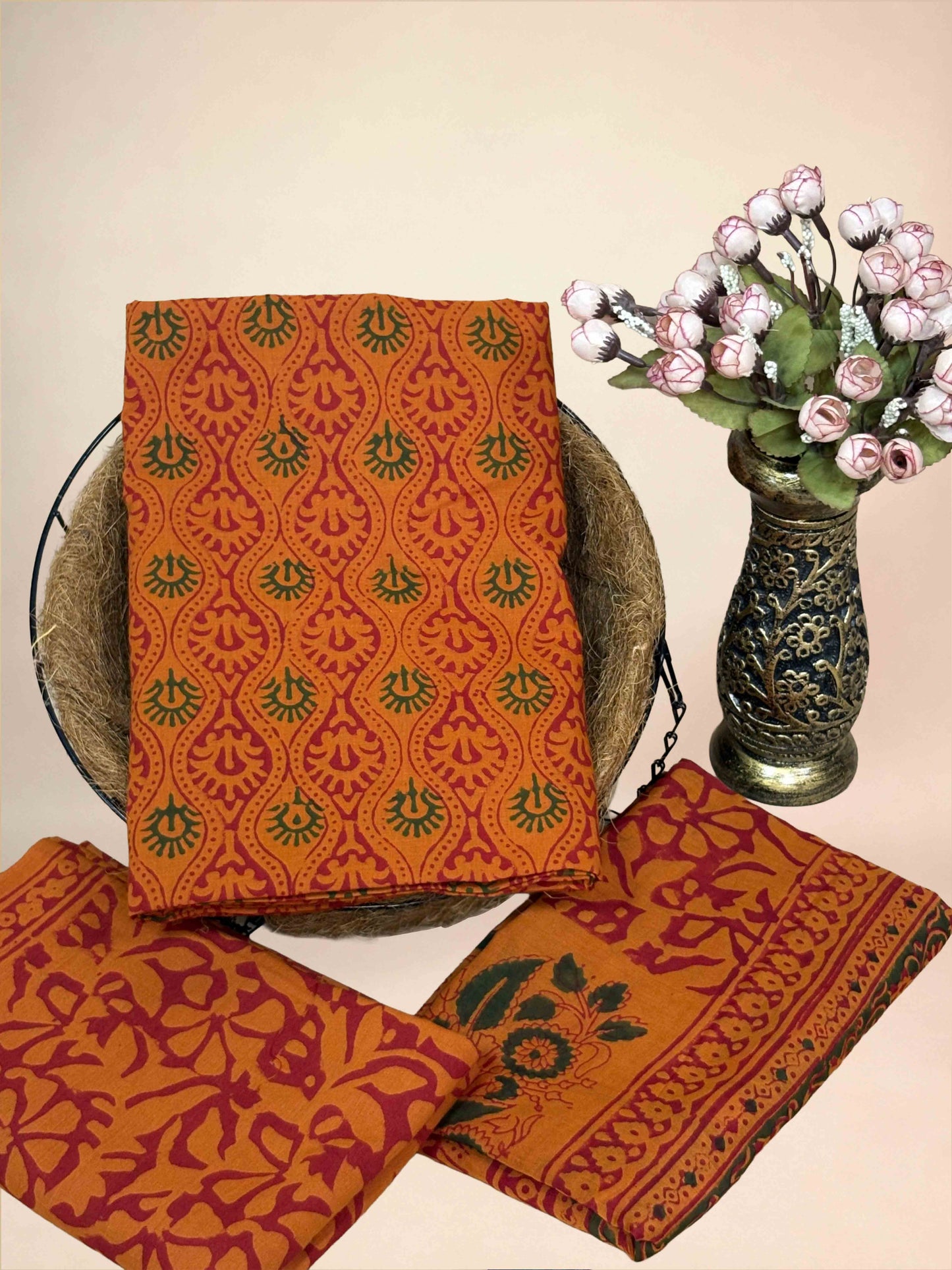Rust Orange Banjara Handblock Printed Cotton Suit Set