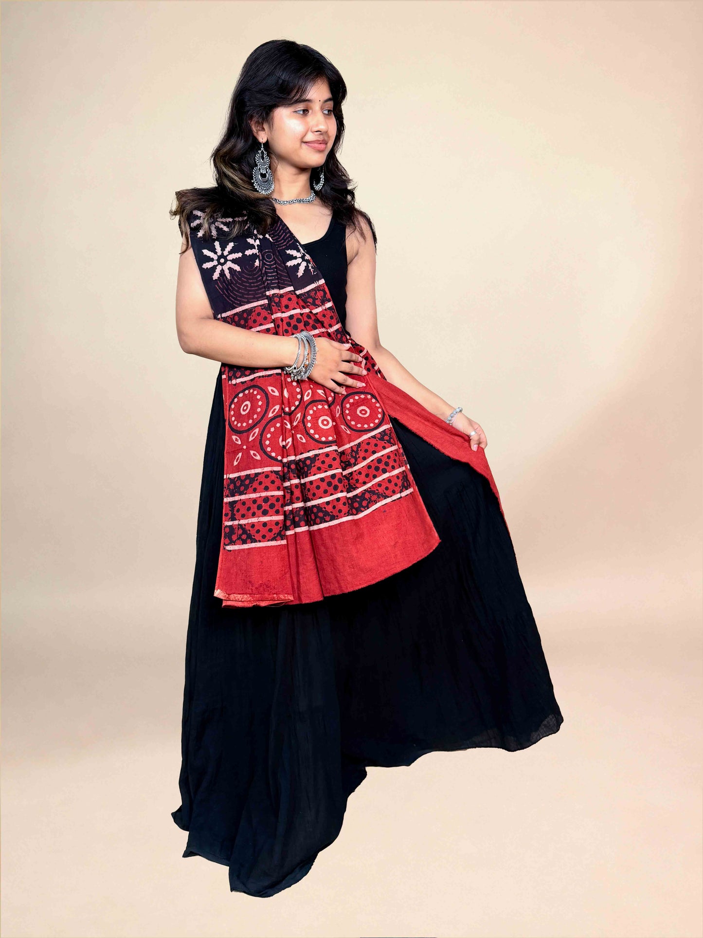 Black And Maroon Handblock Printed Cotton Dupatta