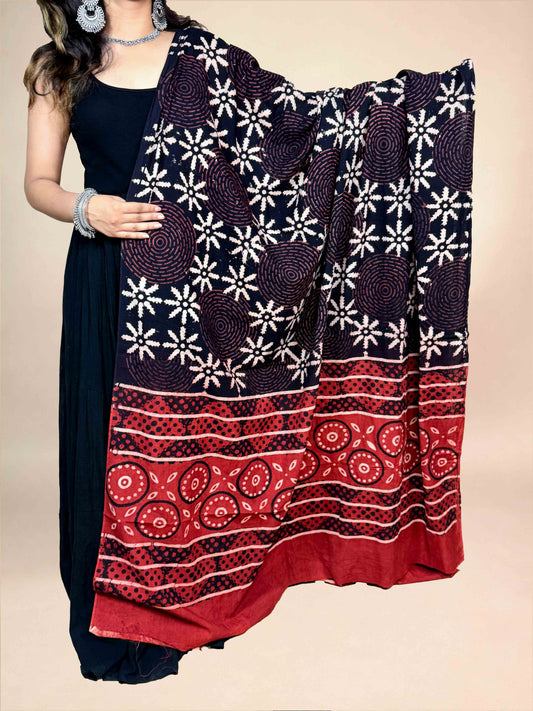 Black And Maroon Handblock Printed Cotton Dupatta
