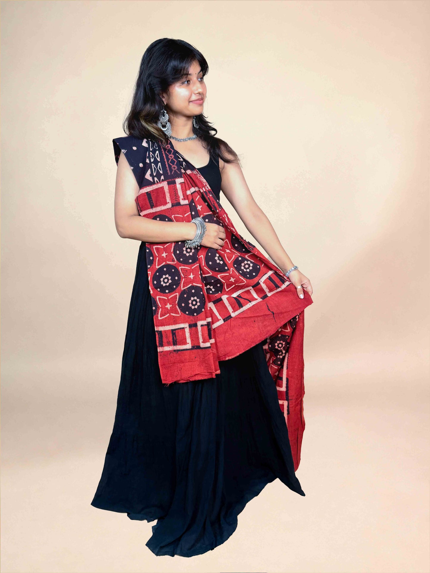Black And Maroon Handblock Printed Cotton Dupatta