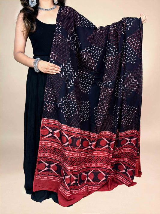 Black And Maroon Handblock Printed Cotton Dupatta