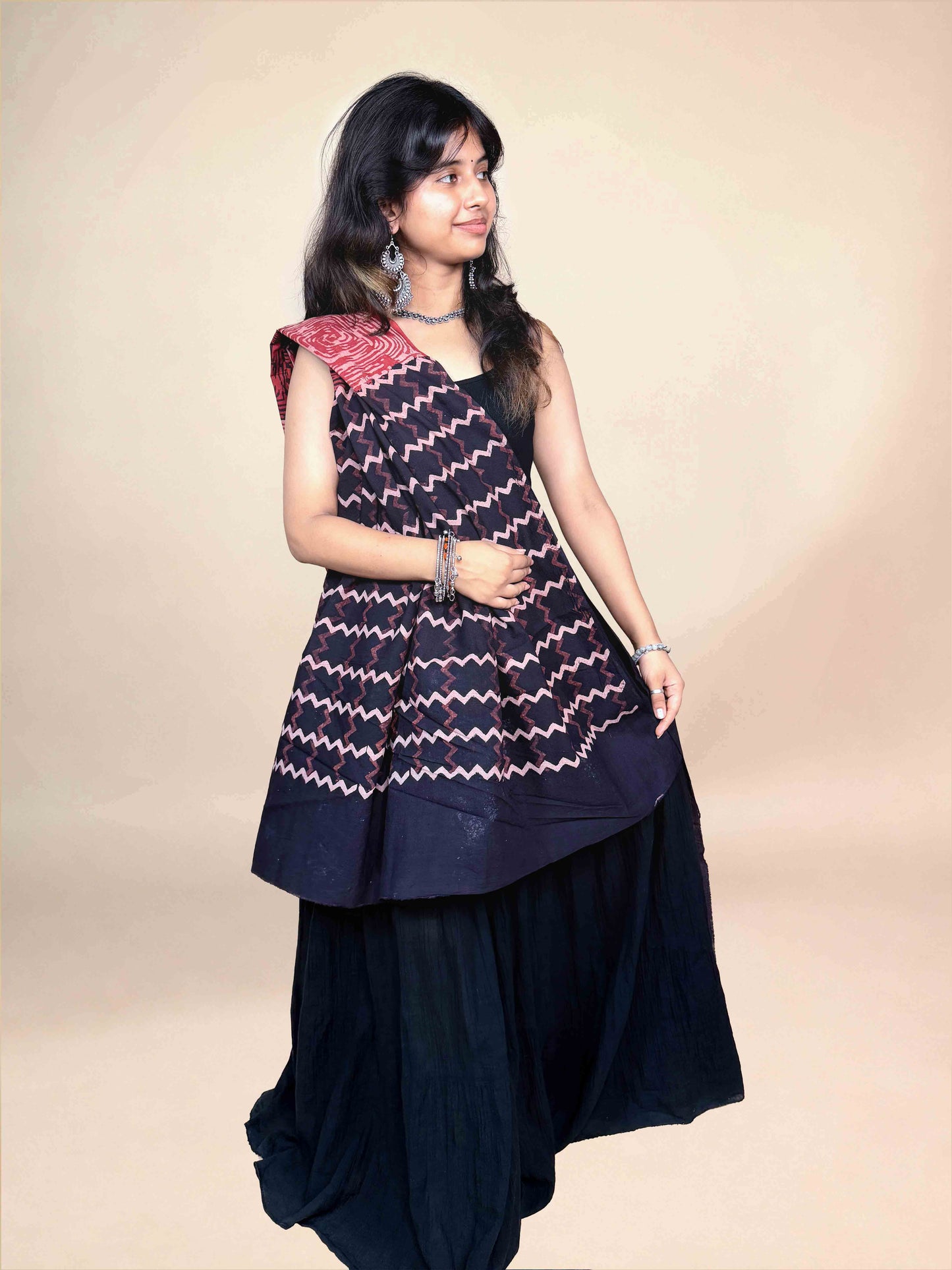 Black And Maroon Handblock Printed Cotton Dupatta