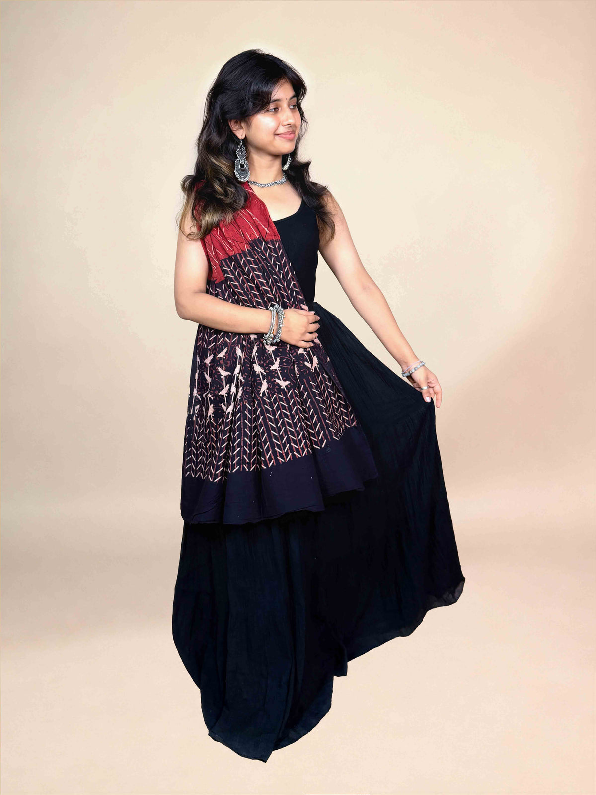Black And Maroon Handblock Printed Cotton Dupatta