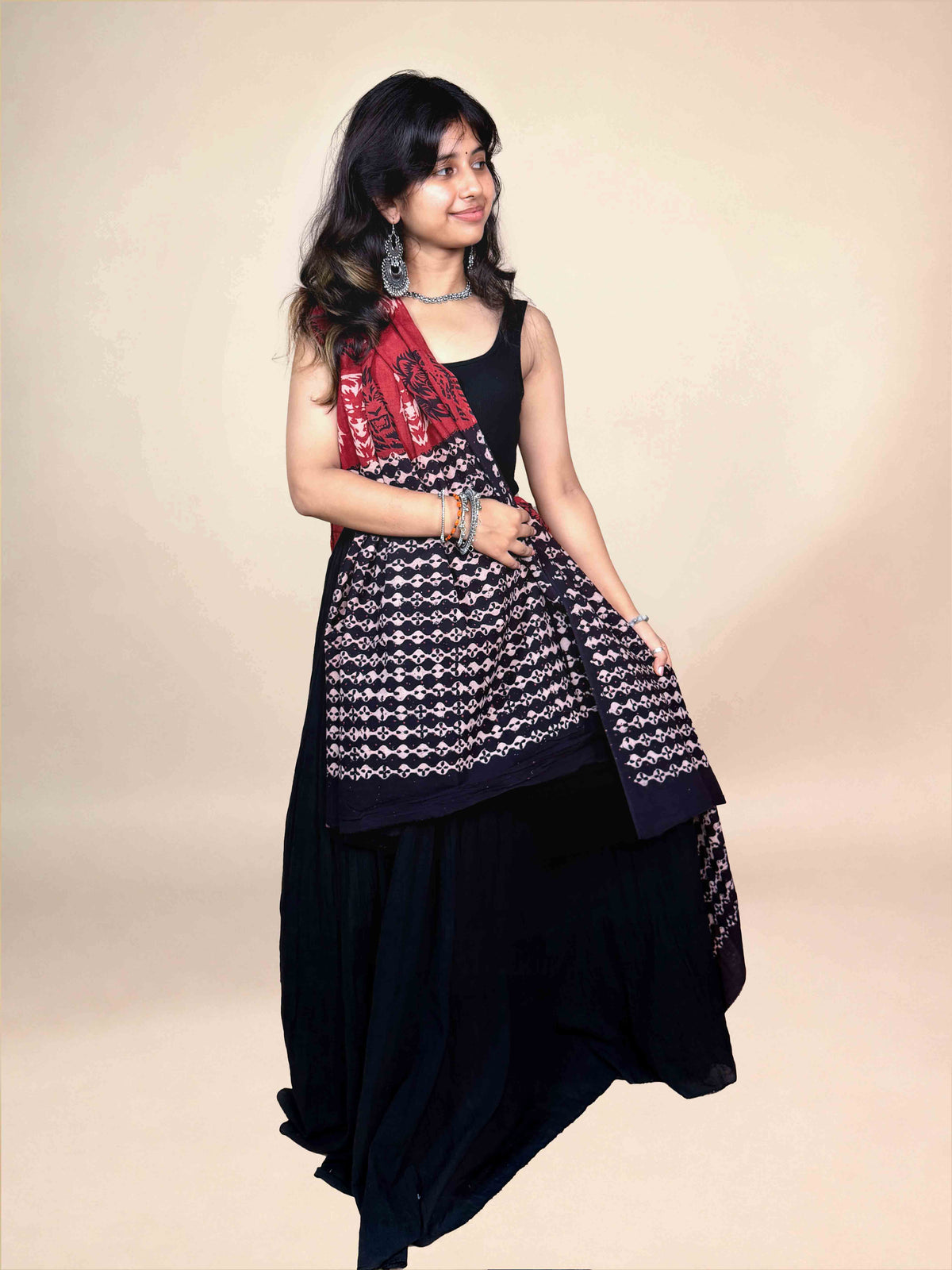 Black And Maroon Handblock Printed Cotton Dupatta
