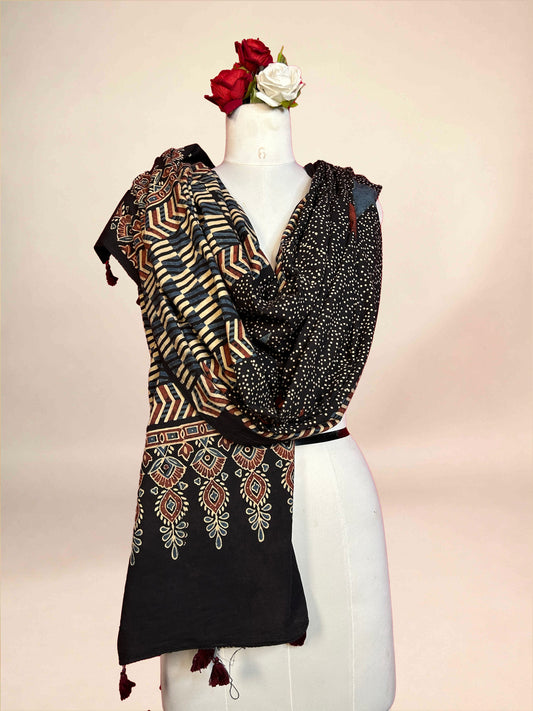Black Ajarkh Cotton Handblock Printed Dupatta