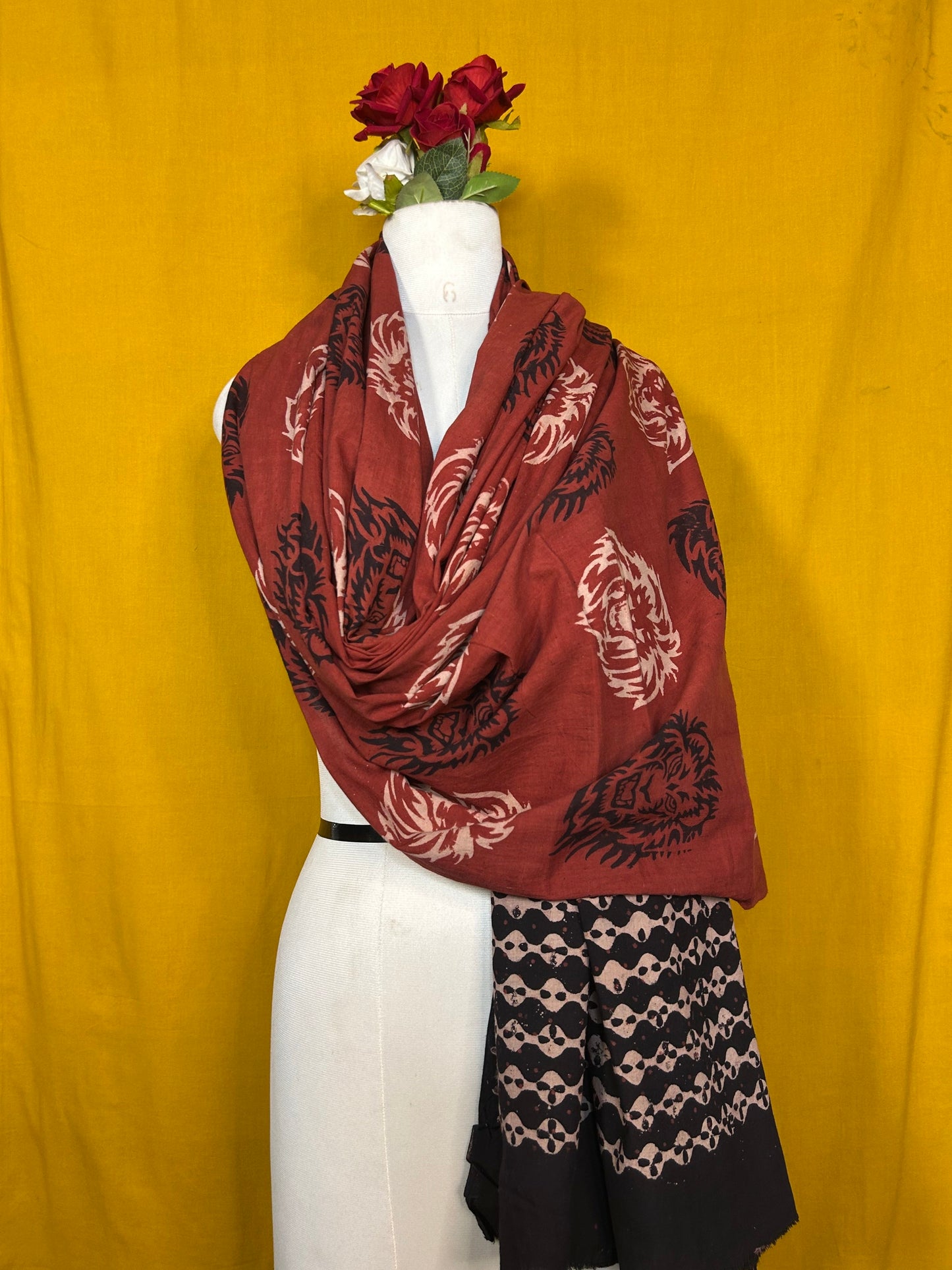 Black And Maroon Handblock Printed Cotton Dupatta