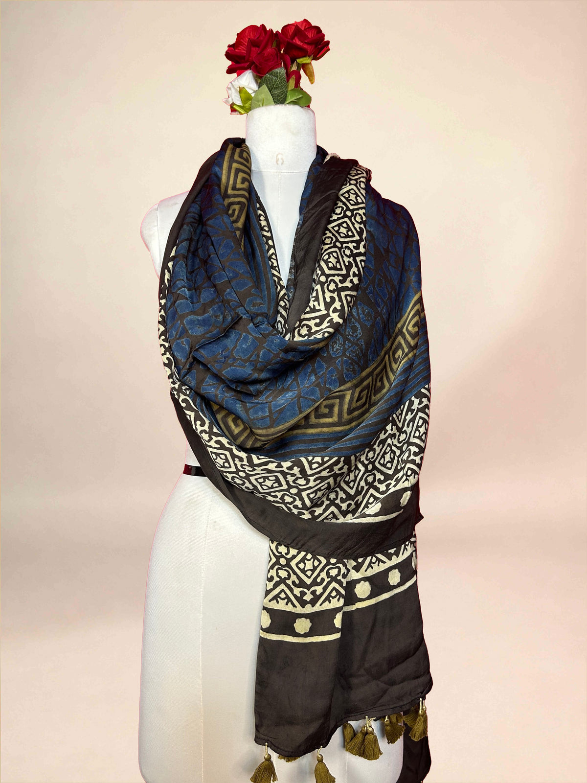 Blue Ajrakh Handblock Printed Modalsilk Dupatta