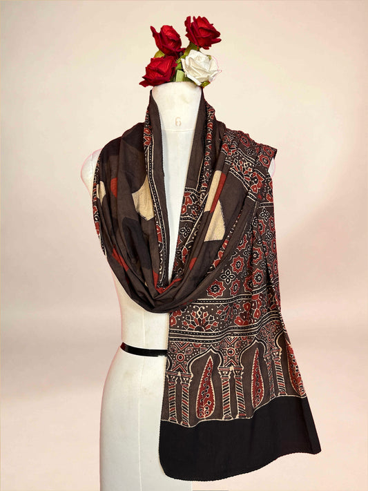 Brown Ajrakh Handblock Printed Cotton Stoles