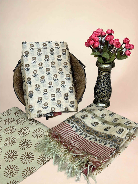 Soft Ivory Chanderi Handblock Printed Suit Set