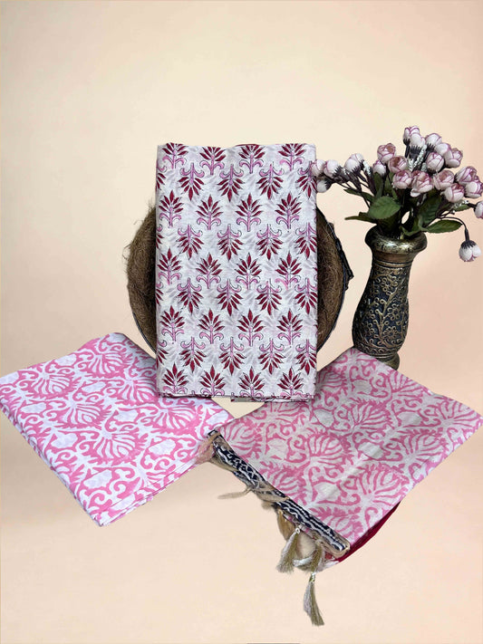 Multicolor Chanderi Handblock Printed Suit Set | Blush Pink