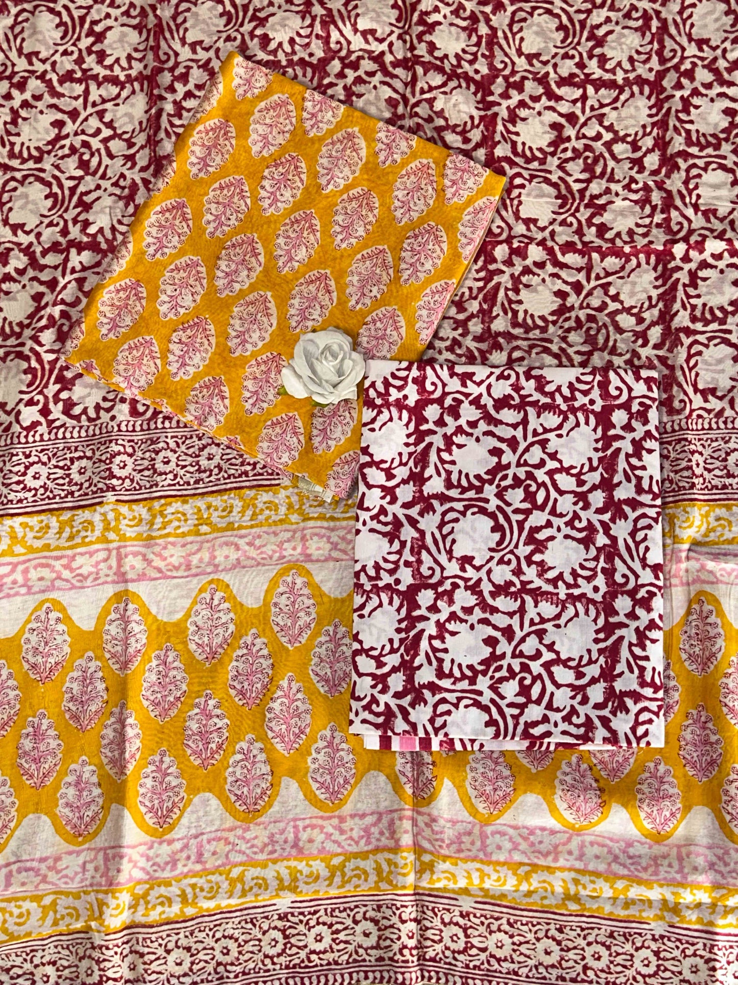 Multicolor Chanderi Handblock Printed Suit Set | Rani Pink