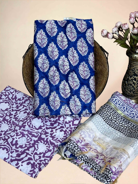Multicolor Chanderi Handblock Printed Suit Set | Navy Blue