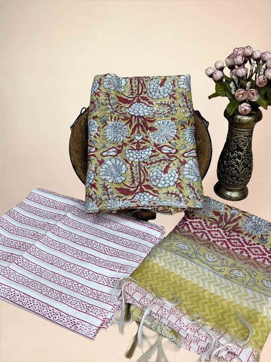 Olive Green Chanderi Handblock Printed Suit Set