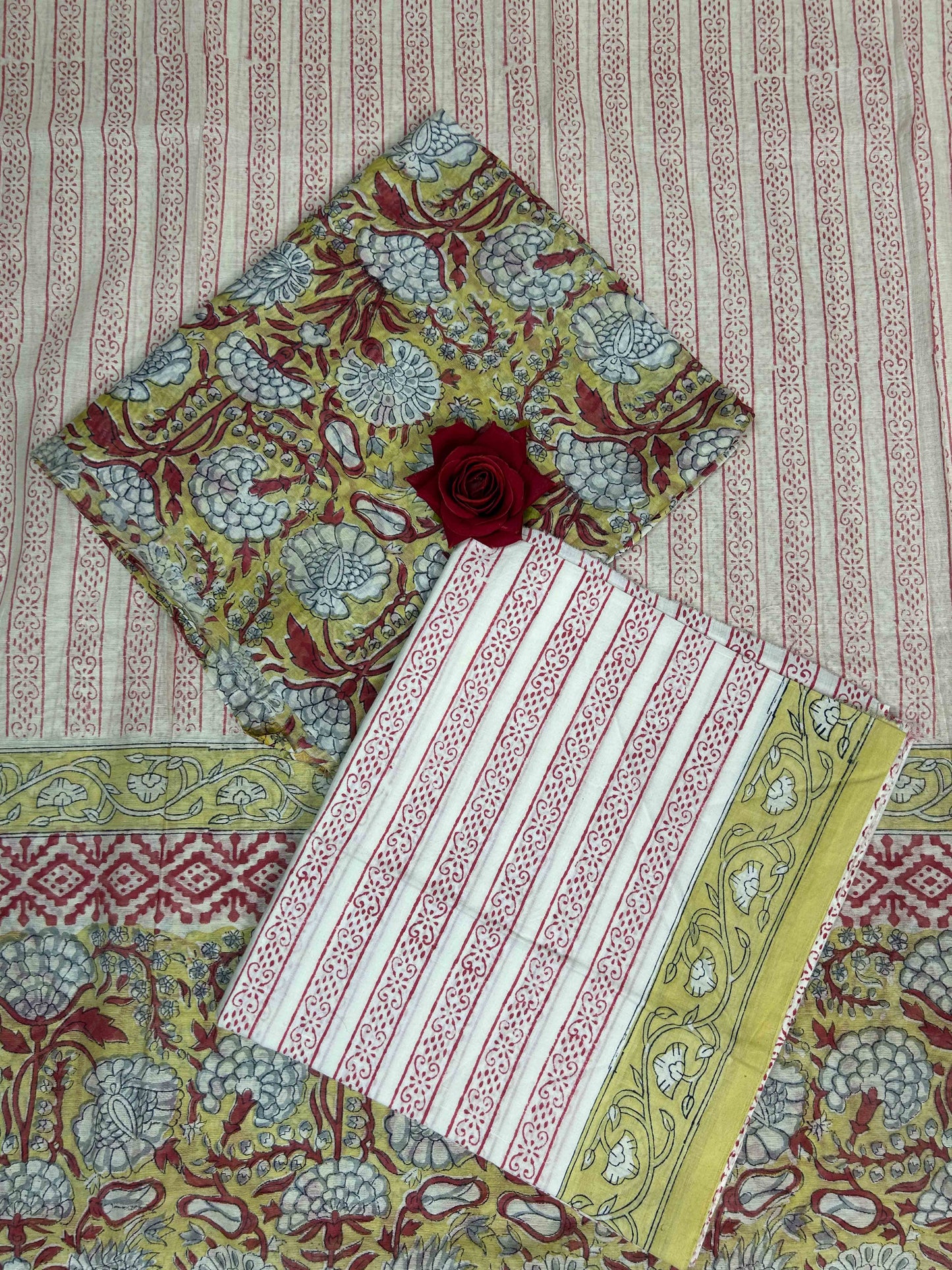 Olive Green Chanderi Handblock Printed Suit Set