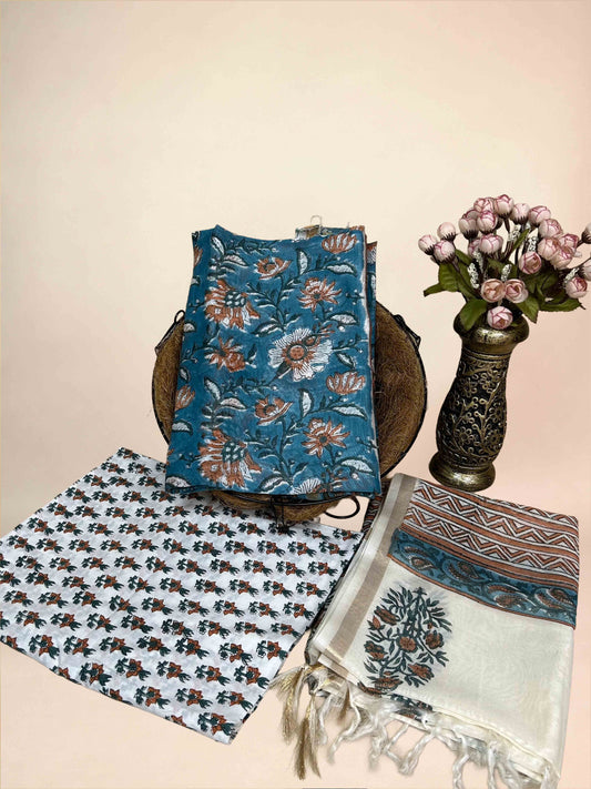 Teal Blue Chanderi Handblock Printed Suit Set