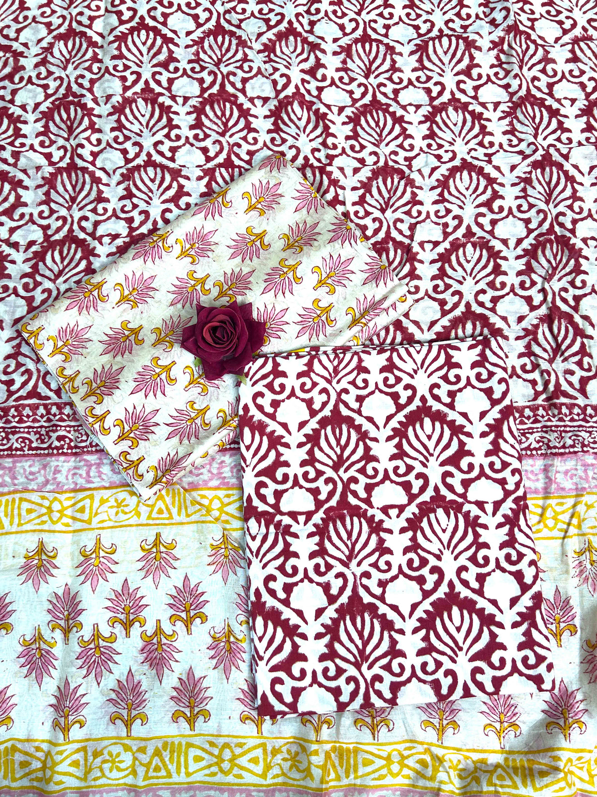 Multicolor Chanderi Handblock Printed Suit Set | Rani Pink