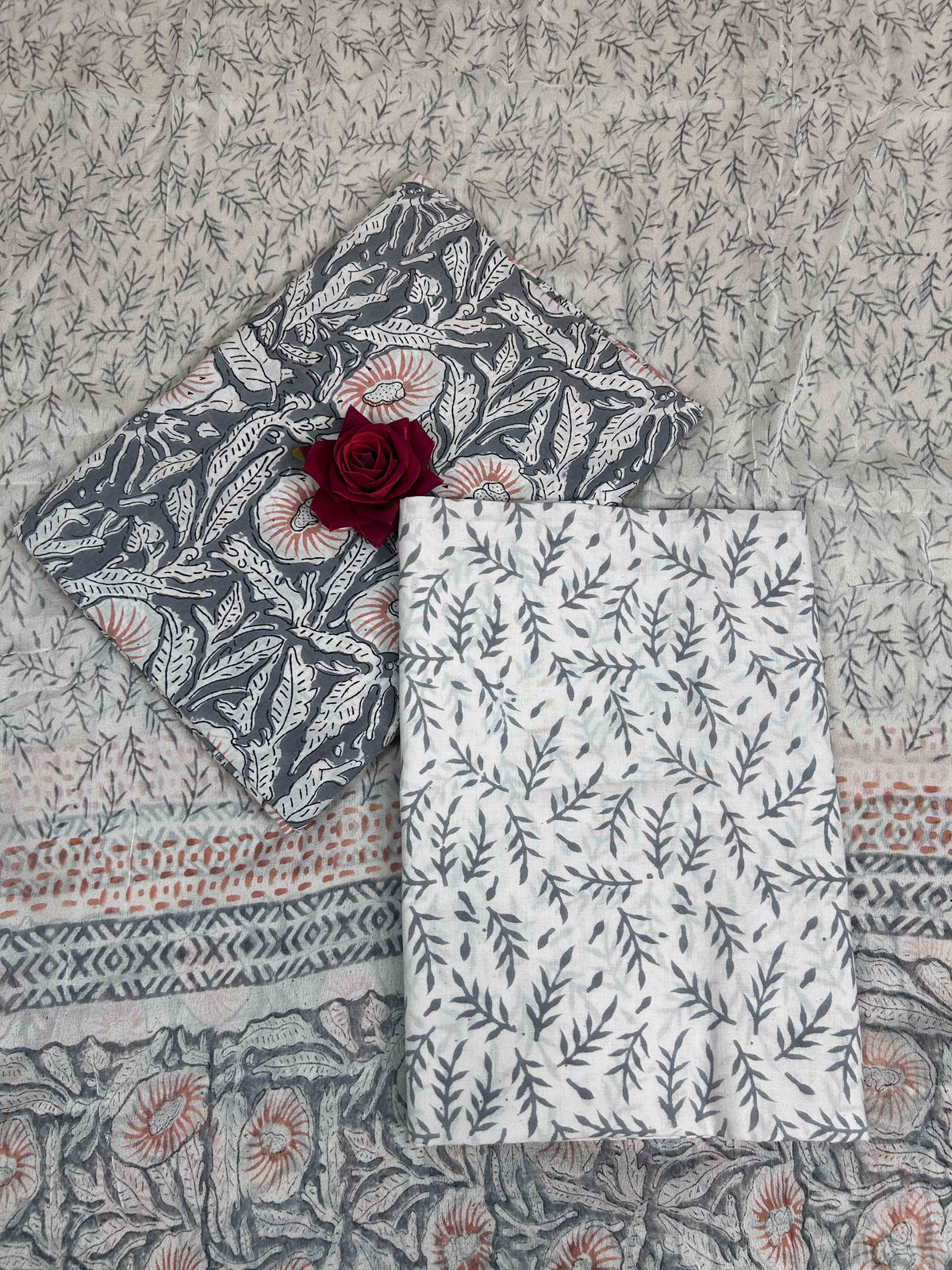 Slate Grey Chiffon Handblock Printed Cotton Suit Set