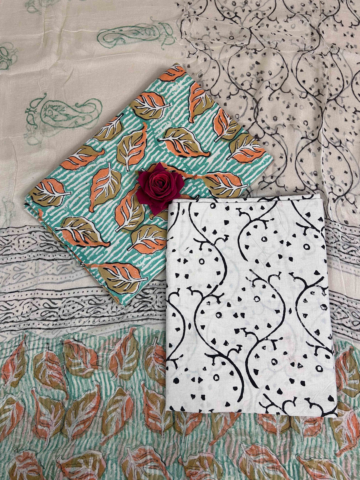 Muted Turquoise Chiffon Handblock Printed Cotton Suit Set